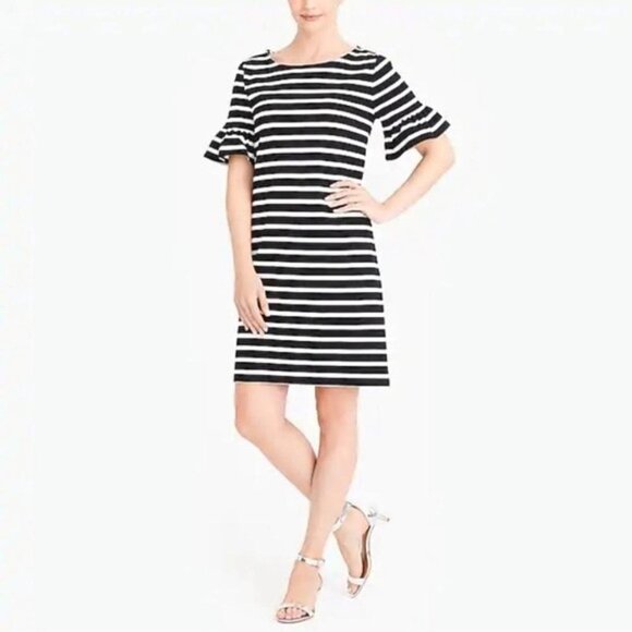 J Crew Factory Womens Size Small Ruffle Sleeve Dress Black White Stripe Shift - Picture 1 of 10